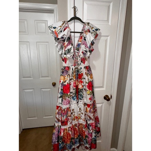 Bella Burnett  Floral Print Maxi Dress Ruffle Sleeve Smocked Waist Tie - Picture 5 of 12